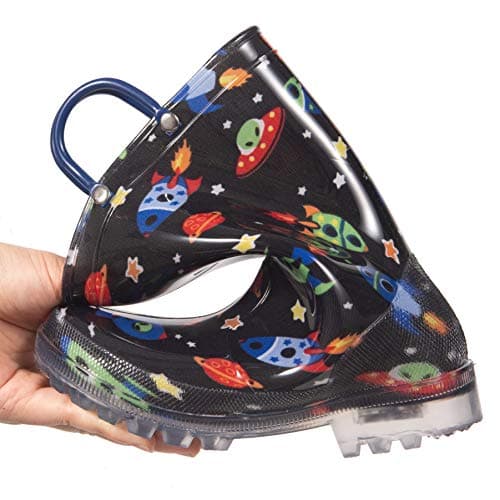 HugRain Toddler Boys Rain Boots Baby Kids Light Up Printed Waterproof Shoes Rubber Garden Puddle Boots Lightweight Adorable Cute Black Cosmos Space Roket Easy-On Handles and Insole (Size 6,Black)