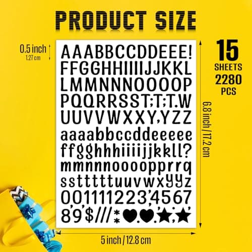 15 Sheet Small Letter Stickers, 1/2 Inch Art Black Vinyl Self Adhesive