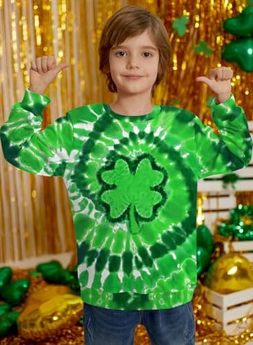 BesserBay Unisex Kids Boy Girls St. Patrick's Crew Neck Long Sleeve Casual Sweatshirt Green Tie Dye Clover 5-6 Years