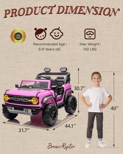 First Ride On 24V Ride on Toys for Big Kids, Licensed Ford Bronco Raptor 2 Seater Ride on Cars with Remote Control, Ride on Truck w/ 4-Wheeler Suspension, 3 Speeds, Led Lights, Bluetooth (24V, Pink)