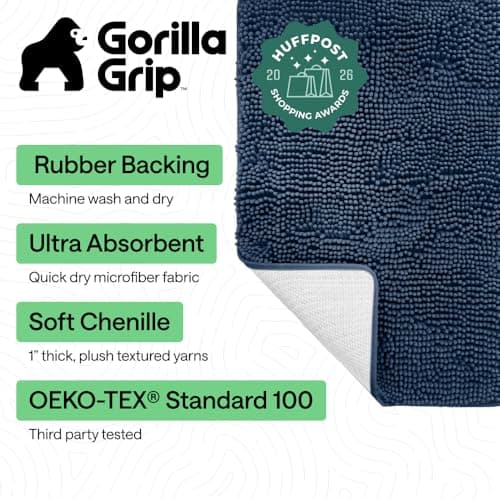 GORILLA GRIP Bath Mat, Thick Soft Absorbent Chenille Floor Mats, Rubber Backing Bathmat, 122x61 cm, Quick Dry Rug, Machine Washable Rugs for Shower Tub Floors, Bathroom Accessories Decor, Navy Blue