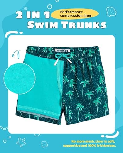 maamgic Boys Swim Trunks with Compression Liner Toddler Stretch Quick Dry Swim Shorts Quick Dry 2 in 1 Beach Shorts,Palm Tree-Navy,Large(14/16)