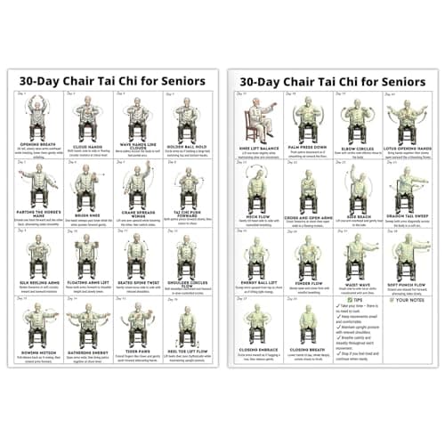 Tai Chi Chair Workout Chart, Chair Tai Chi for Seniors Wall Chart – 30-Day Seated Tai Chi Routine, Seated Exercise Poster for Beginners, Home Gym Decor, Unframed 2-Pack (10x8 Inch)