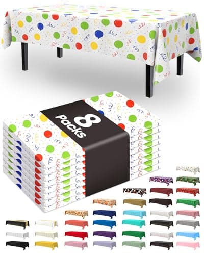 Pureegg Plastic Table Cloth Disposable 8 Pack, 54 x 108 Inch TableCloths, Picnic, Happy Birthday Decorations for Girls Boys, Baby Shower Party, Rectangle, Plastic Cover, Leakproof & Sturdy, Birthday