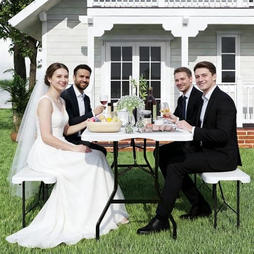 6 FT White Picnic Folding Table Set with 2 Benches, Portable Patio Dining Sets for Backyard, Lawn, Event, Party, Camping