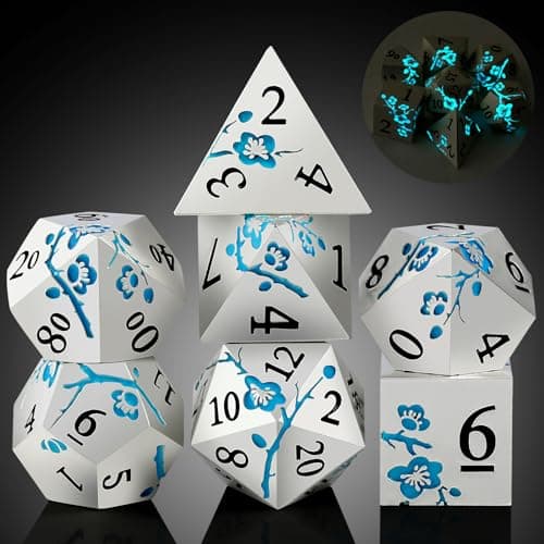 Silver Metal DND Dice Set, 7PCS D&D Metal Dice with Metal Case for Dungeons and Dragons, Shadowrun, Pathfinder, Savage World and Table Games (Glow in The Dark Blue)