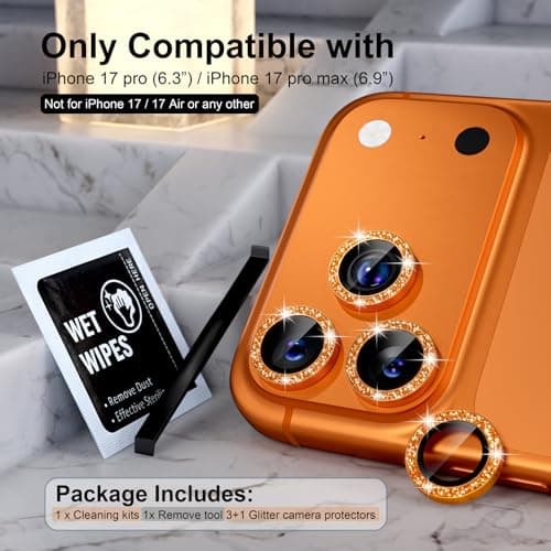 Choiche Compatible for iPhone 17 Pro/iPhone 17 Pro Max Camera Lens Protector Bling, 9H Tempered Glass Camera Cover Screen Protector Metal Ring Decoration Accessories (Glitter-Orange)