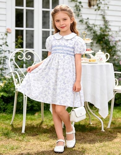 Miipat Toddler Girls Smocked Floral Dress Puff Sleeve Cotton Butterfly Print Kids Peter Pan Collar Summer Dress(BlueButterflyPrint,3-4T)