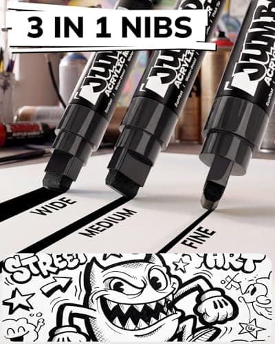 JusArt 4 Pcs Black Jumbo Poster Marker Set, 15mm Wide Tip and 0.7mm Fine Tip, Acrylic Paint Markers for Rock, Fabric, Glass, Metal, Wood