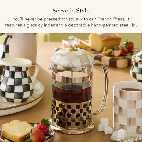 MACKENZIE-CHILDS Coffee French Press, Brown-and-White Mocha Check