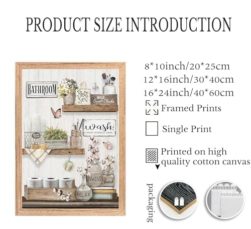 Farmhouse Bathroom Canvas Wall Art Rustic Cotton Flower Butterfly Painting Picture Wall Decor Relax Soak Unwind Sign Poster Print Artwork Modern Home Decor for Bathroom Framed Ready to Hang