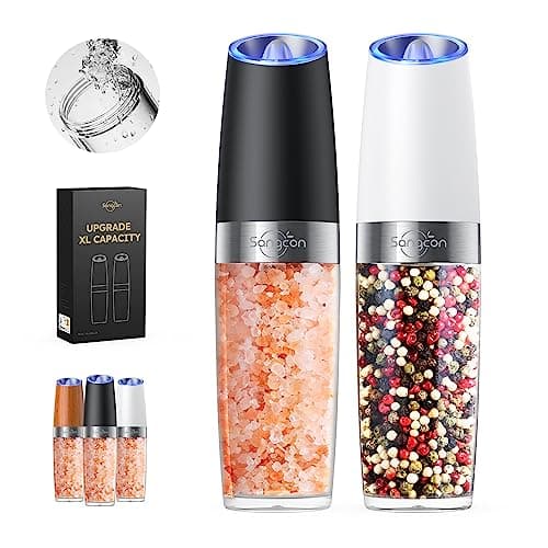 Sangcon Gravity Electric Salt and Pepper Grinder Set 𝐔𝐩𝐠𝐫𝐚𝐝𝐞𝐝 𝟗𝐨𝐳 𝐗𝐋 𝐂𝐚𝐩𝐚𝐜𝐢𝐭𝐲 Battery Powered Refillable Automatic Operation Adjustable Coarseness Mill Grinder Shakers Set