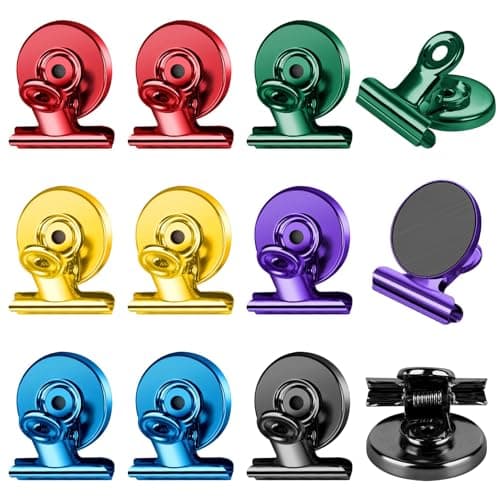 FINDMAG Magnetic Clips, 12 Pack Fridge Magnets for Picture Hanging, Heavy Duty Magnet Clips, Colorful Refrigerator Magnets for Kitchen, Sculptural Picture Frame, Whiteboard, Office, School