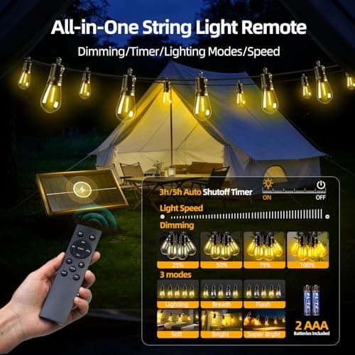 FUANXIEI Solar Lights Outdoor Patio Lights: S14 15M 50FT Solar Powered Remote Control 3 Light Modes Dimmable Solar Waterproof Light - Shatterproof Bulbs - Camping Backyard Garden Deck Outside Yard