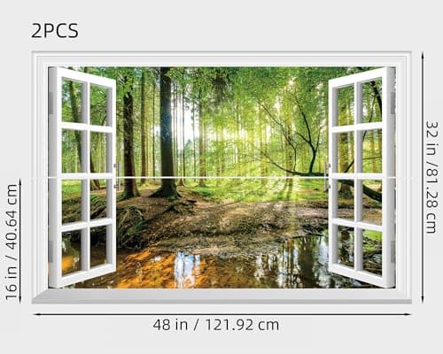 FLFK Fake Window Wall Mural - Forest Jungle Faux Window Wall Sticker for Wall Decor, Stick and Peel Wall Decals,48"x32",Set of 2 Sheets
