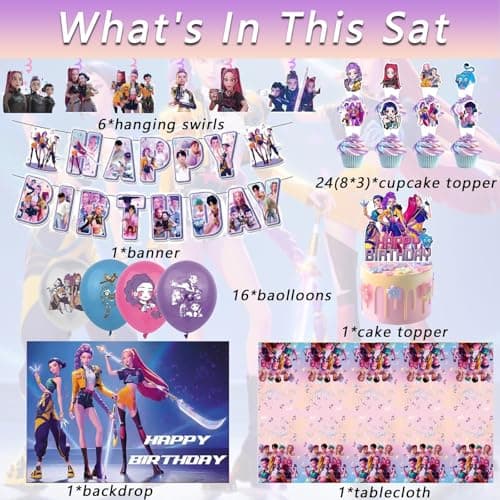 For K Pop Demon Hunters Party Supplies, 50 PCS Birthday Decorations Set Include Banner, Balloons,, Hanging Swirls, Cake Cupcake Toppers, Tablecloth for Boys Girls Hunters Theme Party