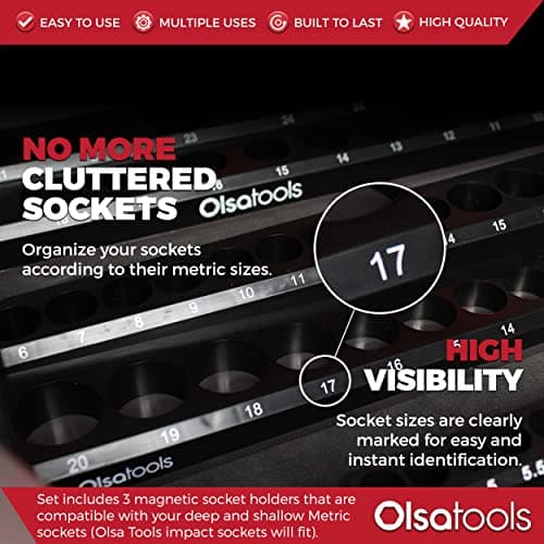 Olsa Tools Magnetic Socket Organizer - 3 Piece Socket Holder Kit - 1/2-Inch - 3/8-Inch - 1/4-Inch Drive - Metric - Black - Holds 75 Sockets - Professional-Grade - Part: 1151