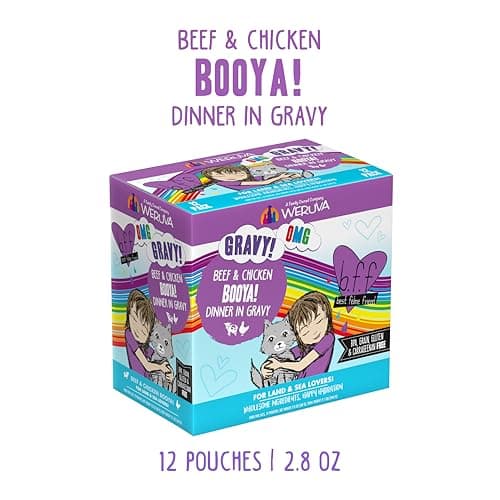 Weruva B.F.F. OMG - Best Feline Friend Oh My Gravy!, Booya! Beef & Chicken in Gravy Cat Food, 2.8oz Pouch (Pack of 12)