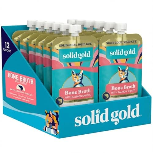 Solid Gold Bone Broth Cat Food Topper - Limited Ingredient Lickable Cat Broth Pouches w/Salmon Protein Shreds & Collagen for Hydration & Gut Support - Easy to Serve Gravy for Cats Meal Topper - 12ct