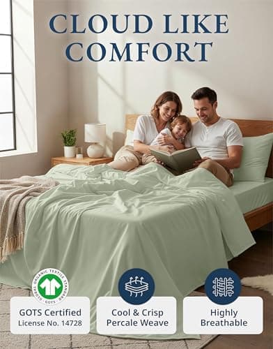 Lane Linen 100% Organic Cotton Queen Sheet Set, 4-Piece Percale Bed Sheets for Queen Bed - Soft, Breathable, Hypoallergenic, Deep Pocket Fits Mattress Up to 15" Deep, Hotel Quality Sheets - Mineral