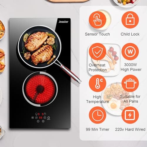 Jessier Electric Cooktop 12 Inch - 2 Burner Countertop & Built-in Ceramic Cooktop, Electric Stove Top with Glass Protection Metal Frame, 9 Heating Level, 3000W, 220-240V Hard Wire(No Plug)