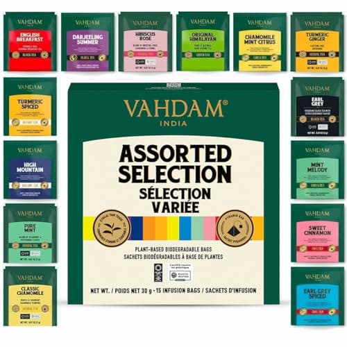 VAHDAM, Assorted Tea Sampler (15 Different Variety in Individually Wrapped Pyramid Tea Bags) Long Leaf Premium Teas I Teas Gift Set I Ideas for Tea Lovers | Gifts for Women & Men