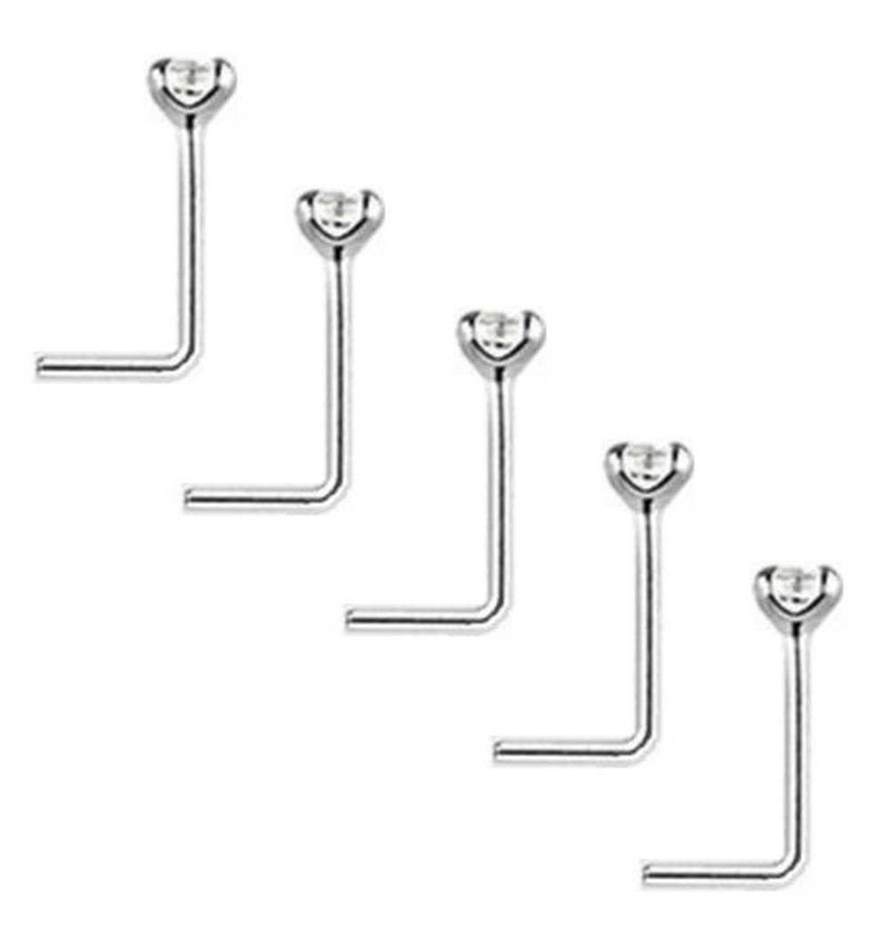 Clear Crystal Nose Studs PACK OF 5 STERLING SILVER Thin 0.6mm Bar L SHAPE