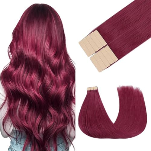 GOO GOO Tape in Hair Extensions Human Hair, Burgundy Red 10pcs 25g 16inch, Colored Tape ins Human Hair Extensions, Straight Remy Hair Highlighted for Party, Silky&Soft Invisible Tape Ins
