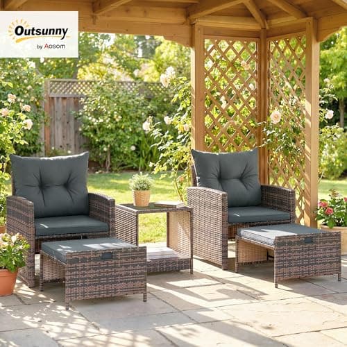 Outsunny 5 Piece Patio Furniture Set, Wicker Patio Chairs with Ottomans, 2-Tier Glass Coffee Table, Cushions, Outdoor Furniture Conversation Set for Balcony, Brown/Dark Grey