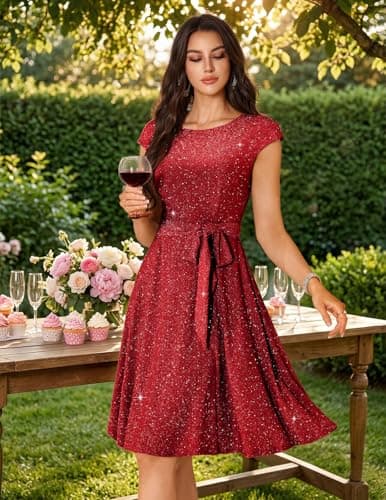 DRESSTELLS Cocktail Dresses for Women 2026 Modest Formal Wedding Guest Valentine's Day Tea Party Sequin Sparkly Knee Length Prom Dress Glitter_red L