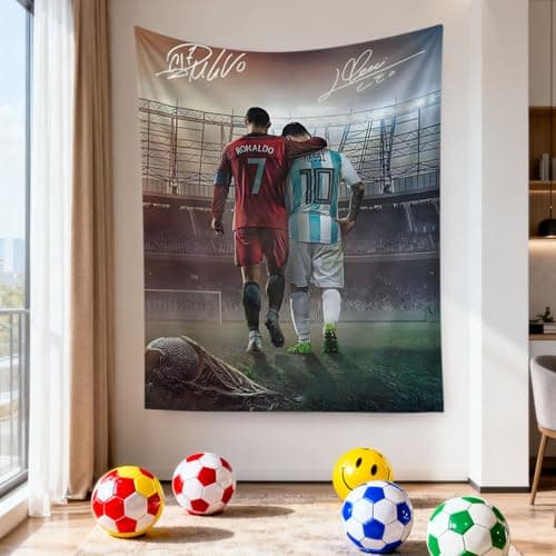 Lionel Messi & Cristiano Ronaldo World Cup Soccer Superstar Wall Tapestry: HD Fade-Resistant Polyester with 4 Corner Grommets - Hanging Poster for Boys’ Bedroom & Fan Decor, 35.4 x 47.2 Inches (Red-Blue)