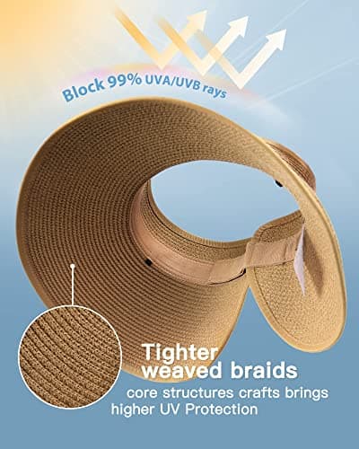FURTALK Sun Visor Hats for Women Wide Brim Straw Roll Up Ponytail Summer Beach Hat UV UPF 50 Packable Foldable Travel
