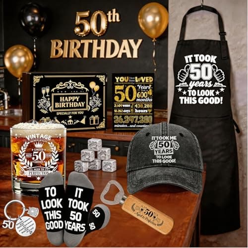 50th Birthday Gifts for Men Whiskey Glass Set, Cool Gifts for 50 Year Old Men with 11 Oz Whiskey Glass Apron Baseball Cap Sock Keychain Bottle Opener Greeting Card for Him Dad Husband Friends