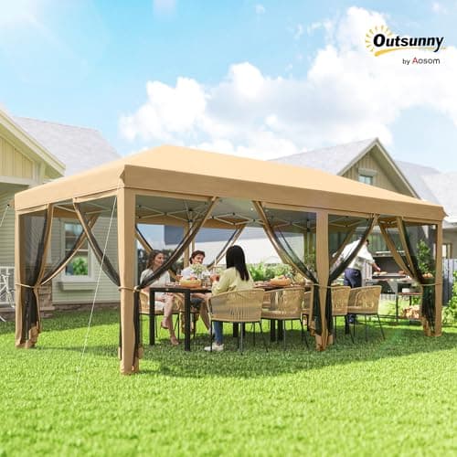 Outsunny 10' x 20' Pop Up Canopy Tent Gazebo with Removable Mesh Sidewall Netting, Carry Bag for Backyard Patio Outdoor, Beige