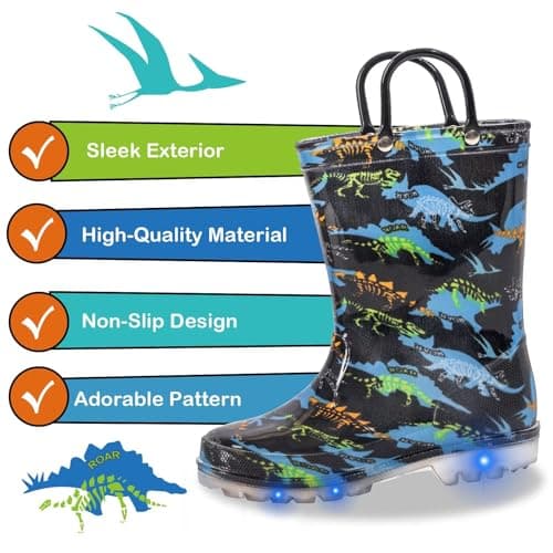 Toddler Kids Rain Boots Boys Girls Light Up Waterproof Boot with Handles, Big Kid Size 1, Dinosaur