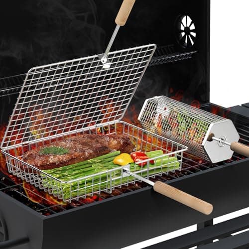 ivtivfu Grill Basket Set, Removable Wooden Handle, 304 Stainless Steel, Rolling Grilling Tools, Smoker BBQ Accessories for Vegetable Fish, Outdoor Cooking Camping, Birthday Gifts for Men Dad Husband