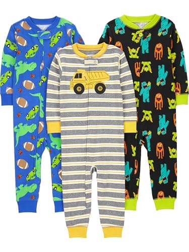 Simple Joys by Carter's Baby Boys' Toddler 3-Pack Snug Fit Footless Cotton Pajamas, Monsters/Dino/Construction, 3T