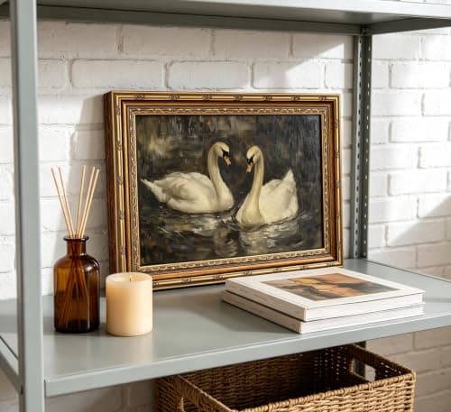 YUANNING Vintage Gold Frame Swan Couple Wall Art Elegant Swan Painting Canvas Modern Farmhouse Cottagecore Picture Wall Decor Dark Academia Lake Nature Aesthetic Print Artwork For Bedroom Living Room