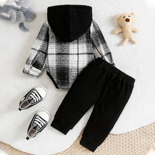 LUJENGEFA Baby Boy Outfits Tracksuit Plaid Button Down Hoodie Tops Pants Trousers Jogger Toddler 2Pcs Clothes Set Black 6-12 months