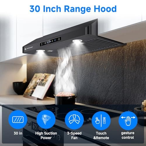 AMZCHEF Under Cabinet Range Hood 30 Inch, 750CFM Stainless Steel Kitchen Stove Vent Hood 3 Speed Exhaust Fan Touch/Remote/Gesture Control LED lights Time Setting Dishwasher-Safe Baffle Filters-Black