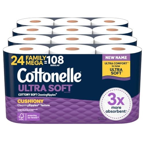 Cottonelle Ultra Soft Toilet Paper with Cushiony CleaningRipples Texture, Strong Bath Tissue, 24 Family Mega Rolls = 108 Regular Rolls (4 Packs of 6)