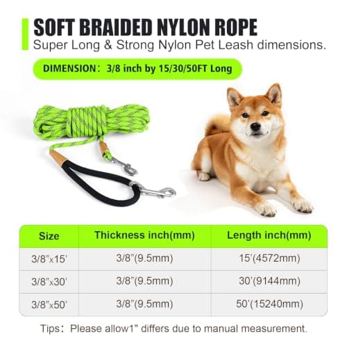 lynxking Long Dog Leash Reflective 15ft 30ft 50ft Check Cord Training Lead Padded Handle Heavy Duty Rope for Puppy Small Medium Large Dogs (Light Green, 30ft x 3/8inch)