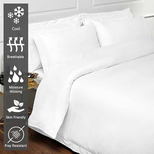 Pizuna Pure 100% Cotton Queen Duvet Cover with Shams, Luxurious 400 Thread Count Long Staple Cotton Sateen Weave with Hidden Button Closure (Combed White Cotton Duvet Covers Queen)