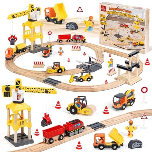Lehoo Castle 68PCS Wooden Train Set - Toy Train Set for Toddlers 2-4, Wooden Train Track for Kids w/Crane, Railway Playset for 3 Year Old Boys Girls Birthday Gift
