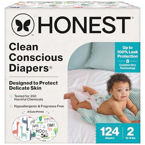 The Honest Company Clean Conscious Diapers | Plant-Based, Sustainable | Pandas + Barnyard Babies | Super Club Box, Size 2 (12-18 lbs), 124 Count