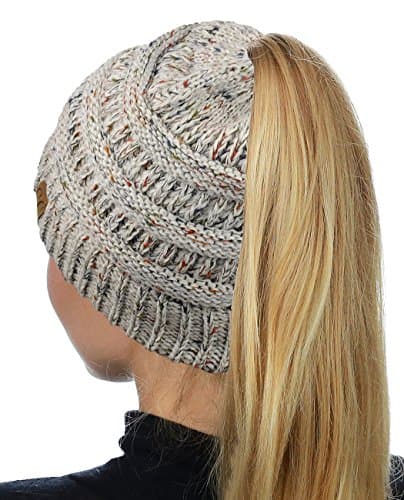 C.C BeanieTail Soft Stretch Cable Knit Messy High Bun Ponytail Beanie Hat, Confetti Oatmeal Mix
