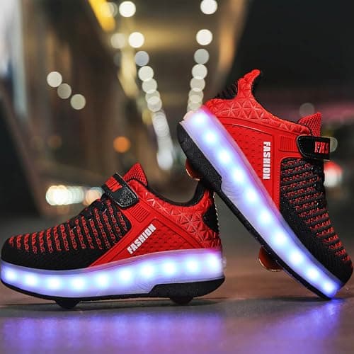 Ufatansy Roller Shoes Girls Boys Sneakers Roller Skate Shoes Kids Skateboarding Shoes USB Charging Light Up Wheels Skates(13 M US=31CN,Red)