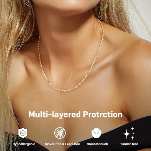 Girluky 14K Gold Plated Chain Necklace for Women, 1.5MM Rope Chains 14K Gold Plated Chain for Women Sturdy & Durable Women's Chains Necklace 18 Inch