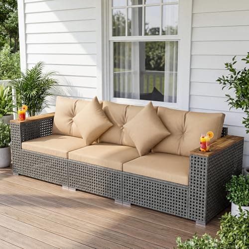 Tangkula 86.5" Large 3-Seat Patio Wicker Sofa, 3 Pieces PE Rattan Sectional Furniture Set with Cup Holder & Wood Armrest, Outdoor Couch with Armless & 2 Corner Sofas for Garden, Yard, Porch (Brown)