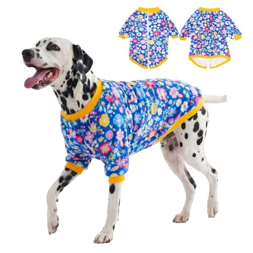 LovinPet Large Dog Winter Flannel Coat, Warm Dog Coat with Front Sleeves and Back Zipper, Easy-Care Full-Coverage Layer for Cold Weather, Happy Packed Floral Blue Prints, XXL
